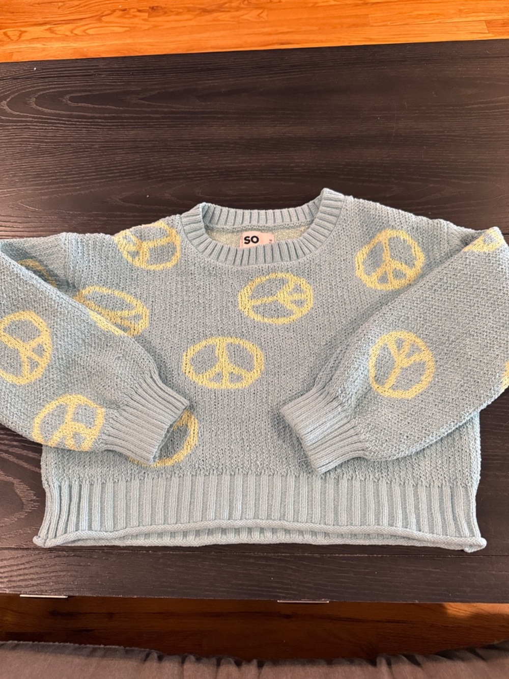 SO Pale Blue Knit Sweater with Yellow Peace Signs
